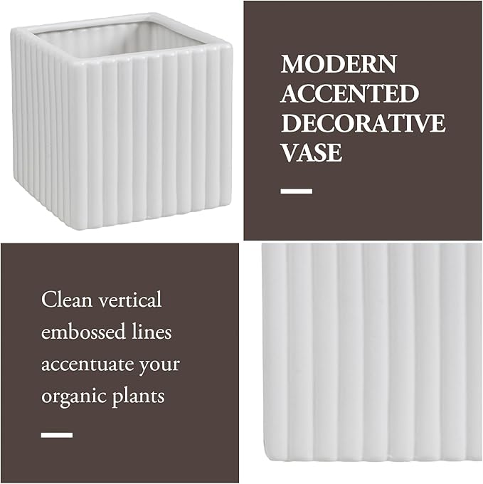 MyGift 6.3 Inch Square Vintage White Ceramic Succulent Planter Pot with Vertical Ribbed Design, Indoor Mini Flower Plant Pots, Set of 2