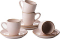 famiware Jupiter Espresso Cups and Saucers Set of 4, 3 oz Ceramic Small Coffee Mug with Handle, Spiral Stoneware Demitasse Cup for Tea, Latte, Cafe - Microwave & Dishwasher Safe, Light Pink
