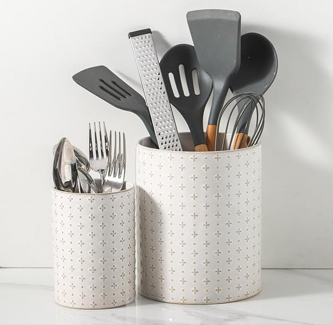 Kitchen Utensil Holder for Countertop, 7.1" + 5.3" Ceramic Cooking Utensil Holder Set of 2, Large Utensil Crocks, Morden Kitchen Tool Tolder for Spatula, Arctic White