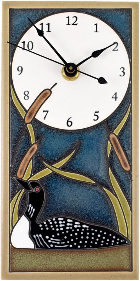 Modern Artisans Loon in Cattails Mini Ceramic Art Wall Clock, 3.75" x 7.75" | Artisan-Made, Earthy Colors