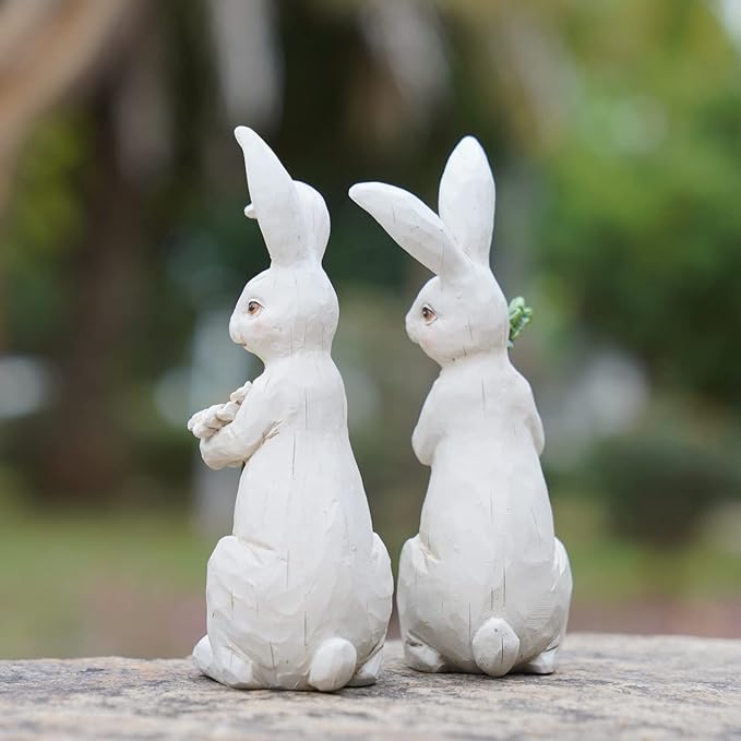 Newman House Studio Easter-Decorations Bunny-Decor Spring-Figurines Table-Centerpiece - 2PC Spring Decorations Resin Rabbits with Carrot and Flower Tabletop Ornaments for Home Farmhouse 4.5H inch