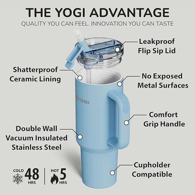 YOGI Ceramic Lined Metal Allergy Safe 40oz Tumbler with Handle and Straw Leakproof Flip & Sip Lid Vacuum Insulated Stainless Steel Travel Cup for Iced Coffee Water and All-Day Hydration 40oz Cielo