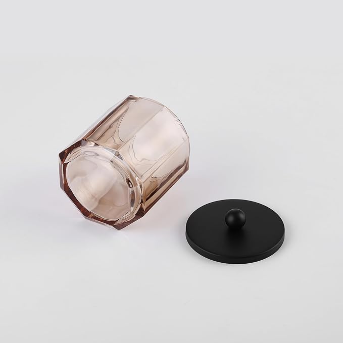Taupe Translucent Apothecary Octagional Shaped Glass Canister Jar With Matte Black Metal Lid Cover for Bathroom Organization, Cotton Balls, Q Tips, and Small Accessories, Bathroom Storage