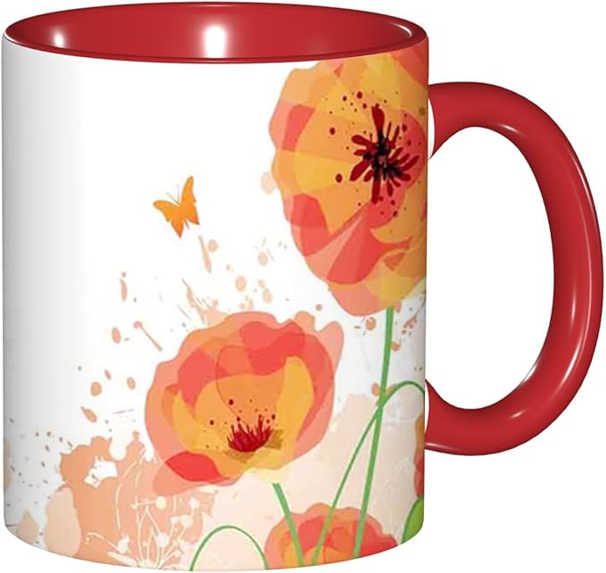 Poppy Flower,Funny Novelty Ceramic Coffee Cups With Handle,Watercolors Design of Poppy Tea Cup for Office and Home, 11 Oz,Dishwasher Microwave Safe (Red)
