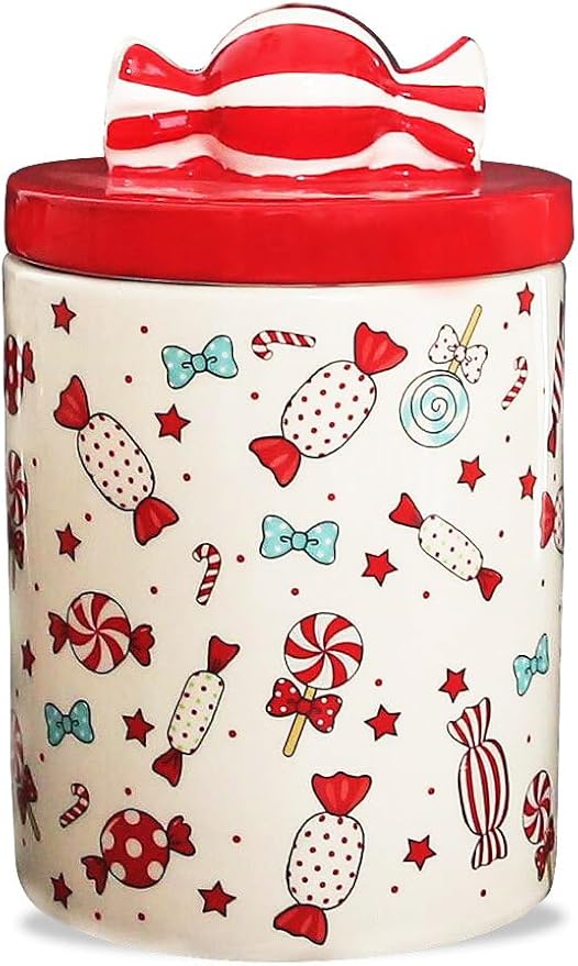 Christmas Cookie Jar with Lid, 9.4" Ceramic Candy Jar Canister, Ceramic Storage Jar Container, Decorative Xmas Cookie Container for Holiday Kitchen Counter Displays, Treats, and Gifts (Large)