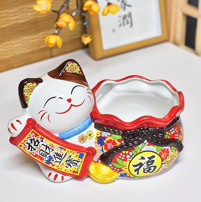 EatingBiting 9.4"x5.7" Japanese Ceramics Maneki Neko Cat & Lucky Money Pocket Ornament Collectible Figurine Storage Box Decoration Ornamental Art Sculpture Home Decor Decorative Beckoning