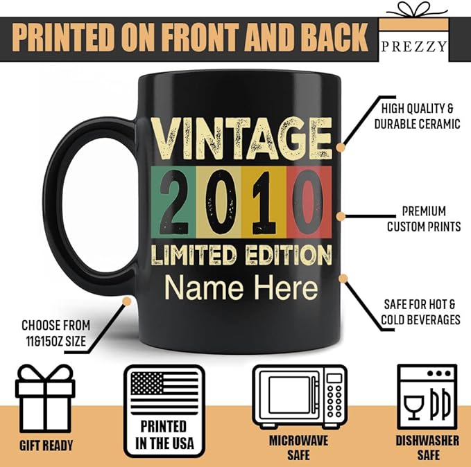 PREZZY Vintage 2010 Limited Edition 13rd Birthday Decorations Personalized Gifts for Women Men Mothers Day Fathers Day Gift 13 Year Old Birthday Mug Customized Name Ceramic Black Tea Cup 11oz 15oz