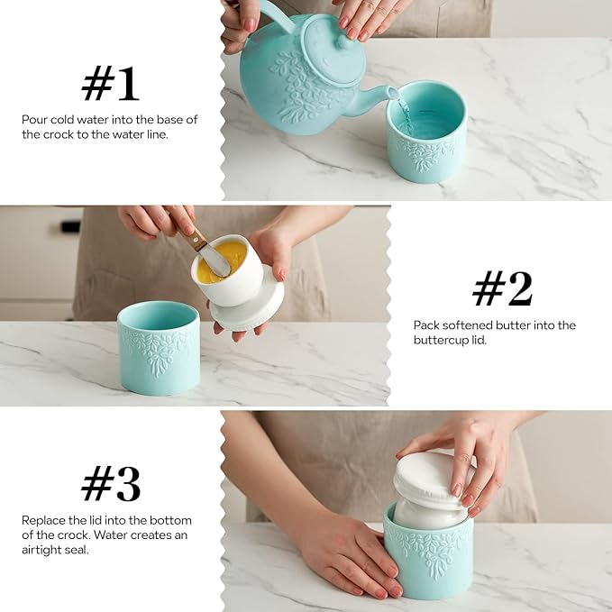Toptier Butter Crock for Counter With Water Line, On Demand Spreadable Butter, Ceramic Butter Keeper to Leave On Counter, French Butter Dish with Lid (Blue Leaf)