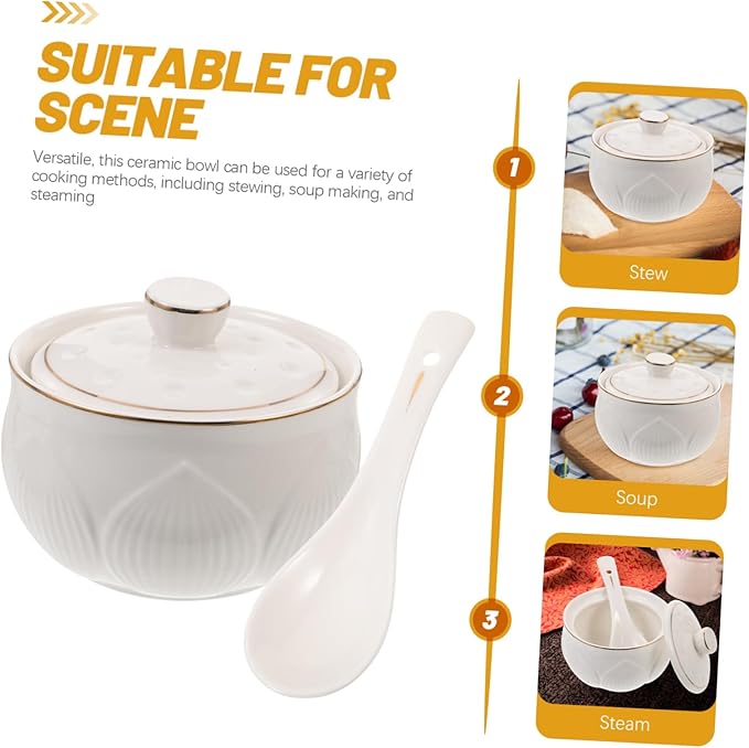 Alipis Luxury Ceramic Stew Bowl Set with Lid and Spoon High-End Gold Trim for Soups and Desserts Kitchen Steaming Bowl for Home Use