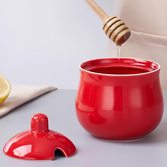 Ceramic Sugar Bowl with Lid and Spoon, Red Porcelain Sugar Salt Pepper Storage Jar, 12 Ounces