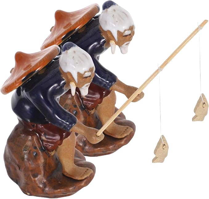 HANABASS 2pcs Mini Ceramic Fisherman Figurines for Zen Garden and Aquarium Decor, Asian Micro Fisherman Sculpture Sitting Pose, Bonsai and Patio Outdoor Landscape Ornaments