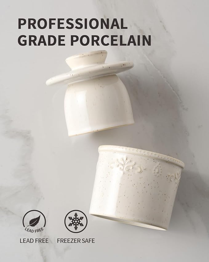 XELA Ceramic Butter Dish - French Butter Crock With Water Line - Keeps Your Butter Fresh and Spreadable - Speckled White