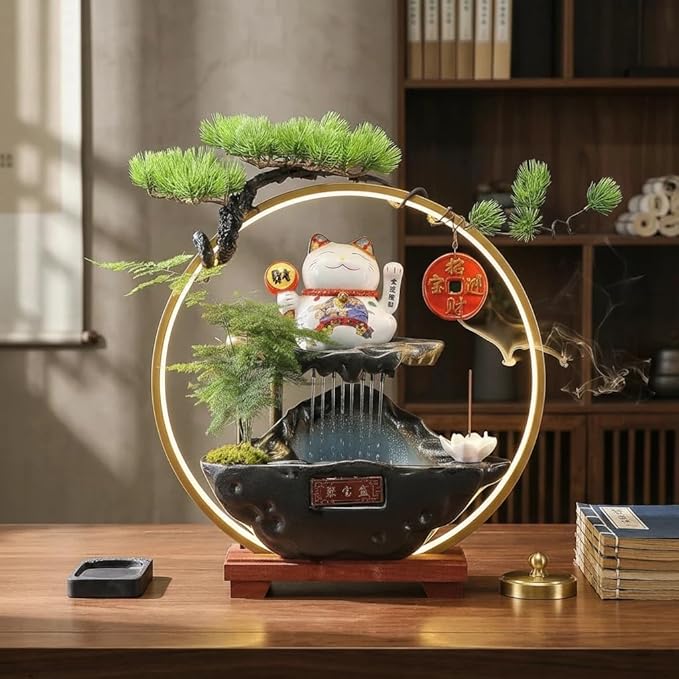 Chinese Ceramic Lucky Statue Cat - Automatic Waving Arm,Tabletop Waterfall Fountain Indoor& Backflow Incense Burner Holder,Adjustable USB LED Light Ring,Money Cat for Home Office Store