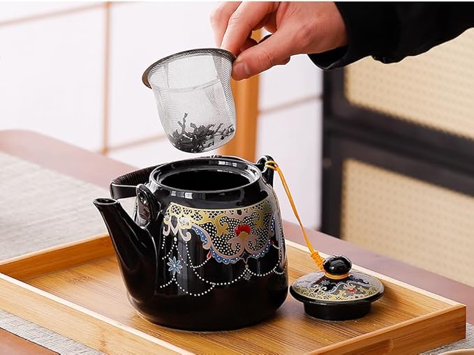Japanese Tea Set for Adults, Japanese Teapot Set with 1 Teapot (32oz/920ml), 6 Tea cups (4.5oz/130ml), 1 Tea Tray, 1 Stainless Infuser, Kiln altered glaze Porcelain tea set (Jeweled Necklace)