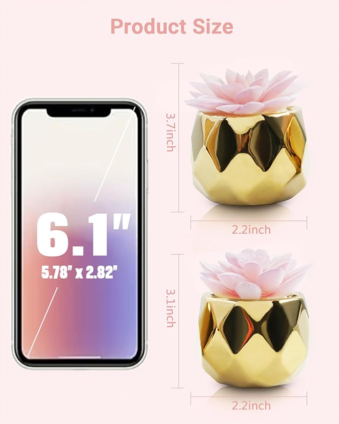 VIVERIE Mini Succulents Plants Artificial in Pots-Pink with Golden Ceramic, Christmas Small Fake Succulents Plants for Home Decor Indoor for Women, Set of 2, Gifts for Mom