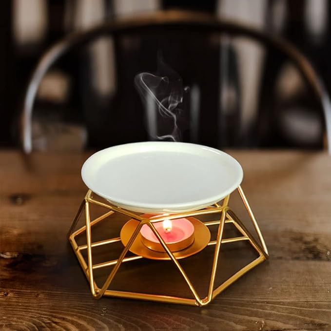 SXCHEN Tealight Oil Burner Ceramic Essential Oil Burner Tealight Candle Holder Aroma Scented Candle Oil Diffuser Glod Metal Tea Light Wax Melt Warmer Furnace Home Decoration