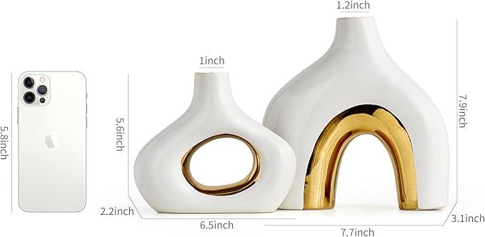 Modern Ceramic Donut Vase: Set of 2 -Minimalist Nordic White and Gold Hollow Vase Home Decor for Kitchen Dining Table Centerpieces Living Room Bederoom Entryway Wedding