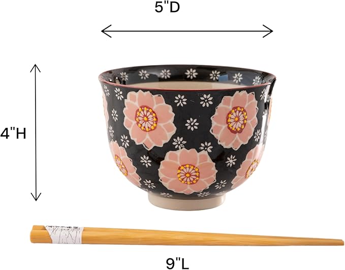 Urban Tokyo Handpainted Ceramic Glazed Japanese Ramen Udon Noodle Rice Bowl With Chopsticks 20 fl oz 5 inch Diameter Bowl Sets Color Box Packaging (Sakura Cherry Blossoms)