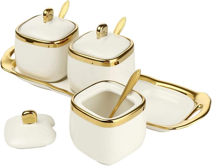 Spice Jars,Ceramic Spice Containers Kitchen Sugar Salt Condiment Jars Jars set with Lids and Spoons (White)