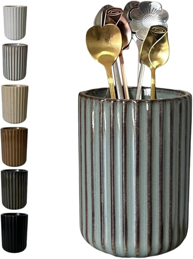 Stoneware Coffee Bar Utensil Holder Tea & Coffee Spoon & Stirrer Holder for Stir Stick Straw Teaspoon Holder Spoon Cup Small Utensil Jar Fluted Vertical Stripe (Retro Grey)