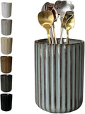 Stoneware Coffee Bar Utensil Holder Tea & Coffee Spoon & Stirrer Holder for Stir Stick Straw Teaspoon Holder Spoon Cup Small Utensil Jar Fluted Vertical Stripe (Retro Grey)