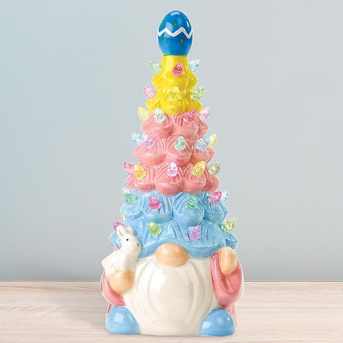 Current Easter Gnome Light-Up Figurine -10" Tall Ceramic Gnome Tree with LED Pastel Lights, Spring Holiday Table Top Décor with Bunny & Egg Accents