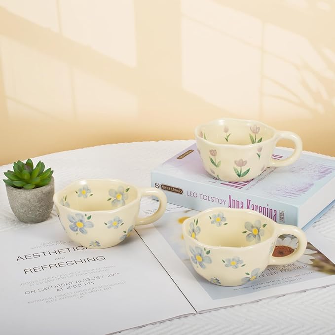 Koythin 2-Pieces Ceramic Coffee Mugs, Creative Cute Flower Cup for Office and Home, 8.5 oz/250 ml Aesthetic Mug for Latte Tea Milk (2 Purple Tulip)