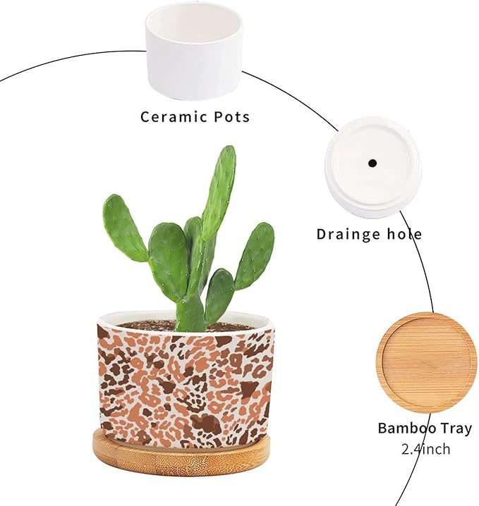 DreamAutumn Orange and Light Gray Leopard Ceramic Flower Pots,Gardening Plant Pot with Drainage Holes and Saucers Round Ceramic Pots for Indoor Plants Succulent Herbs Cactus Pots for Dad Papa Grandpa