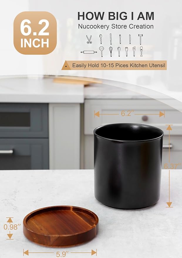 Nucookery 360°Rotating Utensil Holder, 7.2" Kitchen Utensil Crock, Ceramic Cooking Utensil Organizer with Countertop-Protection Cork Bottom for Farmhouse Kitchen Decor Christmas (Stone Black)