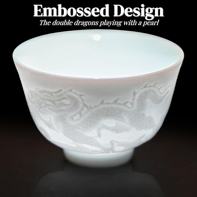 2Pcs Ceramic Tea Cup, 1.5 Oz Handmade Chinese Teacup, Mini Japanese Sake Cups, No Handle Asian Embossed Double Dragon Cup for Kungfu Style Tea Ceremony, Hot Tea, Matcha, Dishwasher Safe