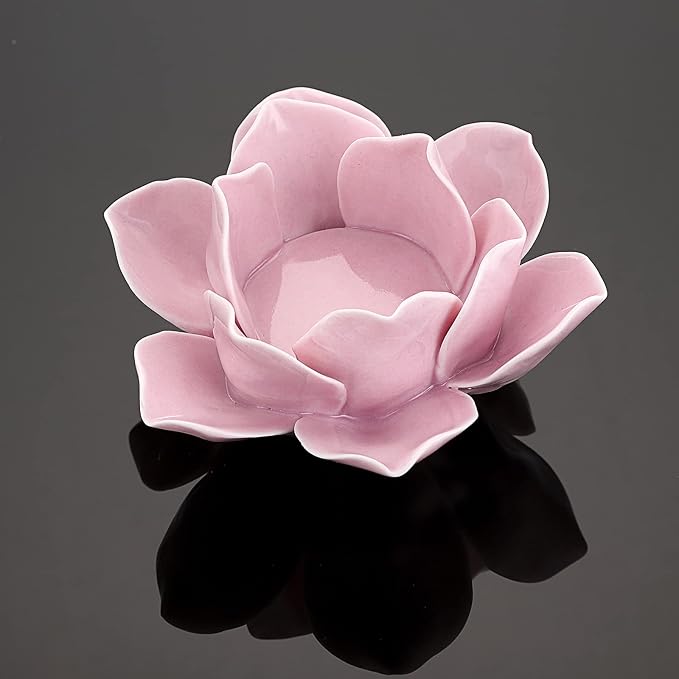OwnMy 4.5 Inch Ceramic Lotus Flower Tea Light Holder Lotus Petals Candle Holder Candlestick, Votive Flower Tealight Candle Holder Candle Lamps Holder with Gift Box for Home Decor Wedding Party (Pink)