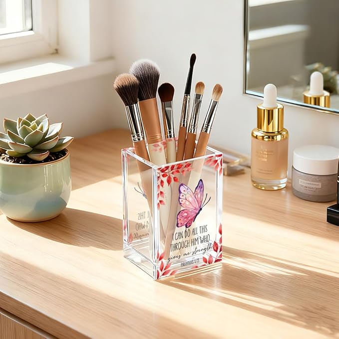 I Can Do All This Through Him Who Gives Me Acrylic Cosmetic Pencil Holder Cup, Butterfly Religious Christian Gifts for Women Girls, Inspirational Bible Verse Pen Holder for Home Office Desk