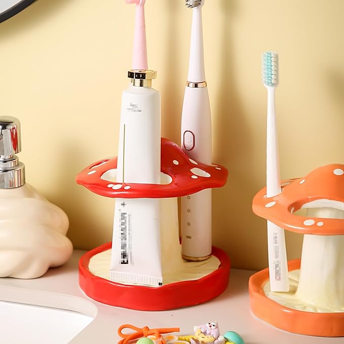 Gaolinci Cartoon Mushroom Ceramic Toothbrush Holder, Bathroom Toothbrush and Toothpaste Storage Decoration