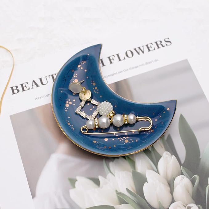 Soddeph Small Moon Ceramic Jewelry Tray, Decorative Trinket Dish, Ring Holder Plate, Modern Accent Tray for Bathroom, Nightstand, Entryway Table, Vanity (1, Blue)