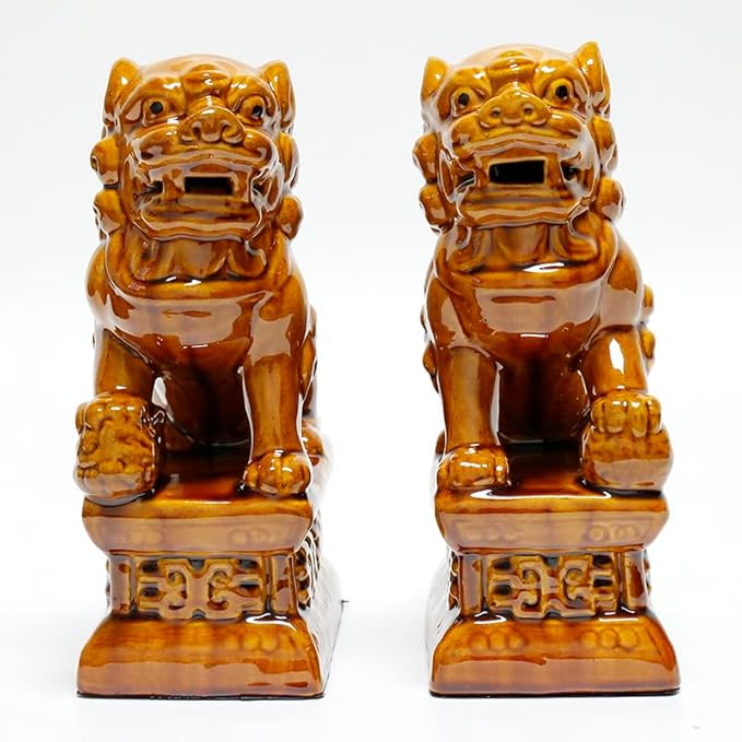 Sancai Ceramic Foo Dogs, Pair of Tang Dynasty Feng Shui Guardian Lions, Handcrafted Statues for Home and Office Decor,Yellow,4.72 * 7.87in