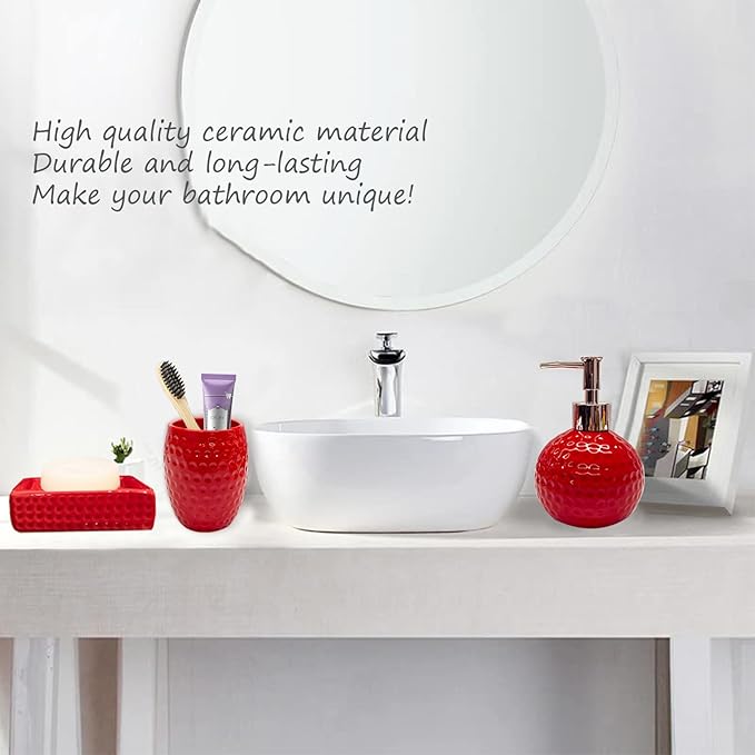 Bathroom Accessories Set,4 Pcs Red Ceramic Bathroom Accessory Set Complete with Toothbrush Holder,Tumbler,Lotion Dispenser, Soap Dish Perfect for Bathroom Theme Gift