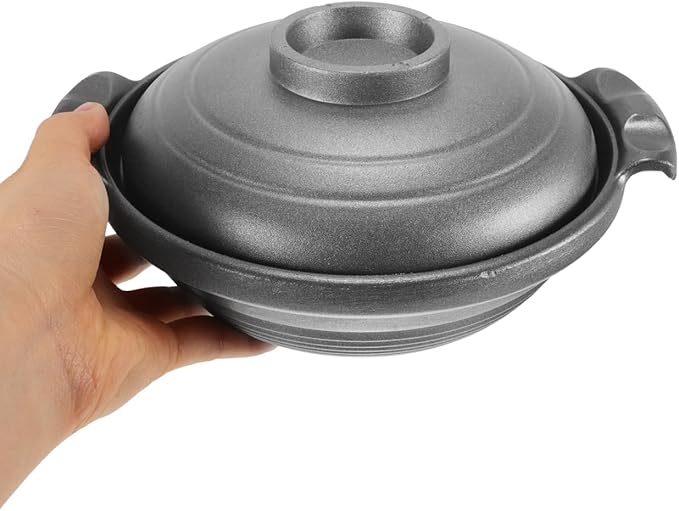 PartyKindom 16cm Ceramic Casserole Dish with Lid - Small Porcelain Cooking Pot for Individual Bibimbap, Soup and Stew - Oven & Gas Safe Stone Bowl for Korean & Japanese Cuisine, Black