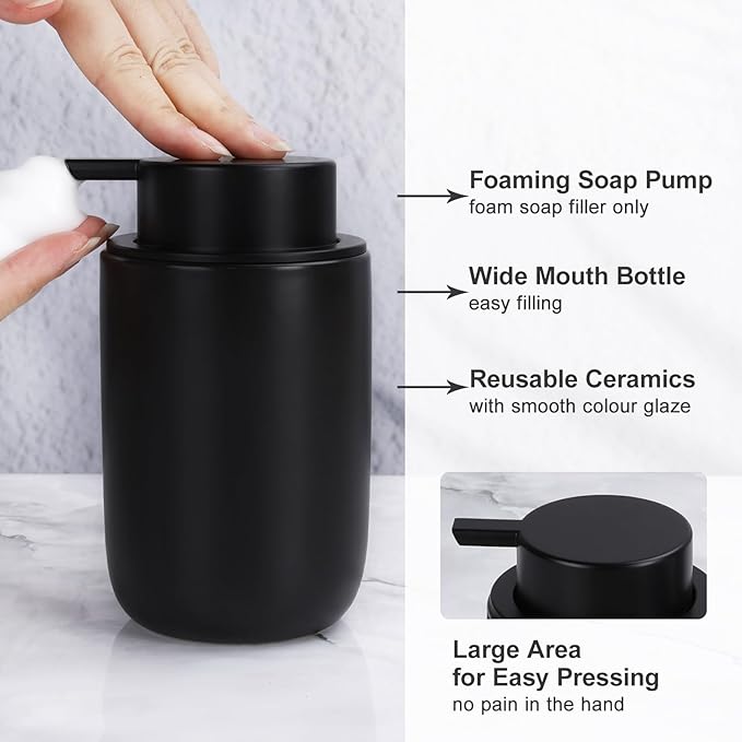 BosilunLife Ceramic Bathroom Accessories Sets Complete Bathroom soap Dispenser and Toothbrush Holder Set (Black-Foam)