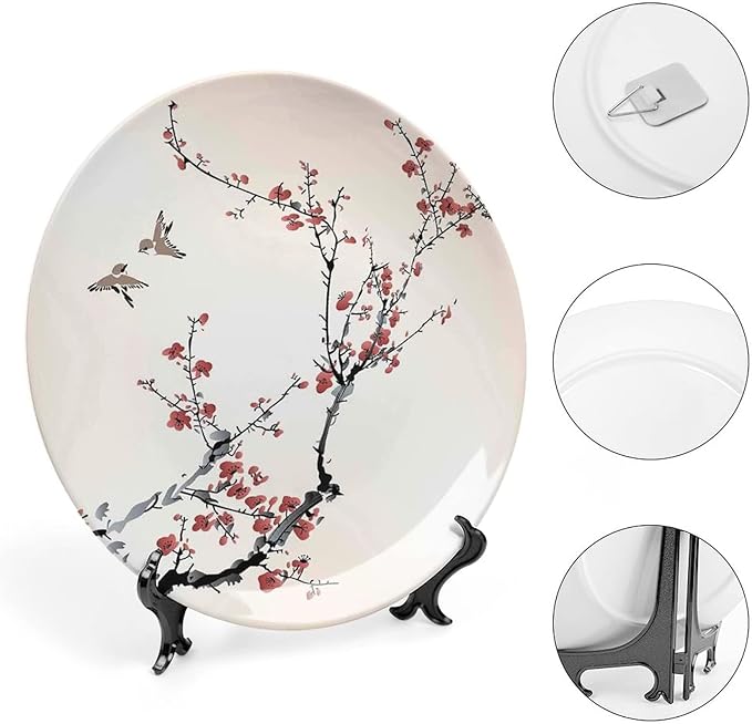 10 Inch Decorative Plate,Japanese Decor Ceramic Craft, Cherry Branches Flowers Buds and Birds Asian Print Ornament Display Plate for Dining Table Setting, Wedding Decorations, Christmas Tablescape