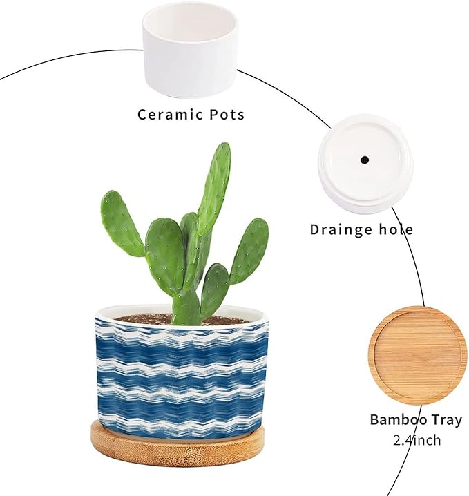 DreamAutumn Ikat Style Zag Pattern Blue Ceramic Pots for Plants with Drainage Holes Round Flower Pot Bamboo Tray Orchid Pot Succulents Pots for Outdoor Indoor Plants,Housewarming Gifts
