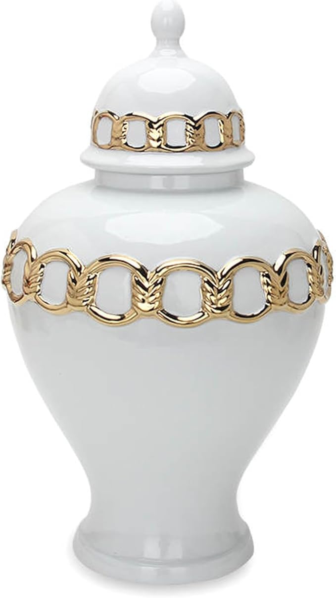 Noori Home - 100% Modern Glam Artisan Ceramic SOPH Medium White/Gold Ginger Jar Urns with Lid