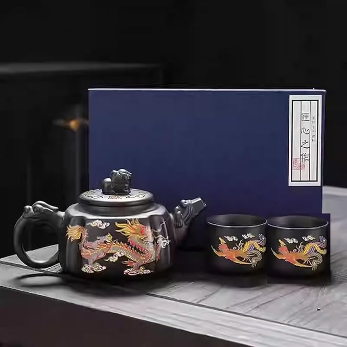 Zisha Tea Set, Chinese Tea Set with Gift Package, Suitable for Father's Day, Mather's Day, Birthday, Christmas Gifts (Square Dragon)