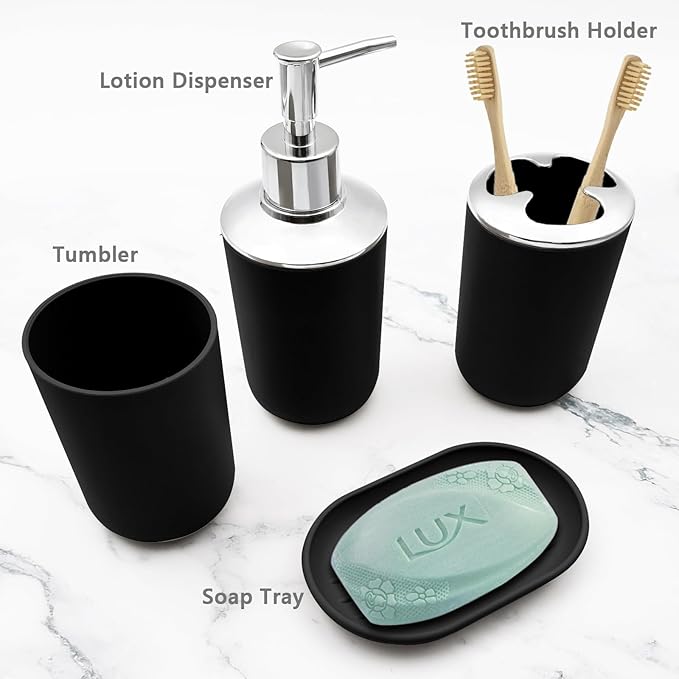 Bathroom Accessory Set, 4 pcs Shatter-Resistant Resin Bathroom Accessories Set Include Lotion Soap Dispenser Toothbrush Holder Soap Dish Modern Bathroom Decor, Gift for Home (Black 4pcs)