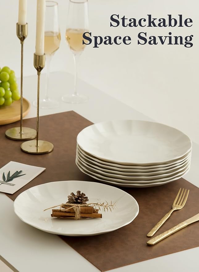 10.5 Inch Porcelain Large Dinner Plates Set of 8,White Round Petal Appetizer Salad Plates, Ceramic Dinnerware Serving Plate for Pancakes, Steak, Pasta, Pizza, Microwave, Dishwasher Safe