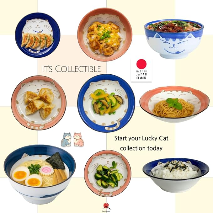 JapanBargain, Set of 4 Japanese Porcelain Bowls Serving Soup Rice Noodle Udon and Salad, Maneki Neko Smiling Cat Pattern, 18 fl.oz, 6-inch, Pink Color, Made in Japan