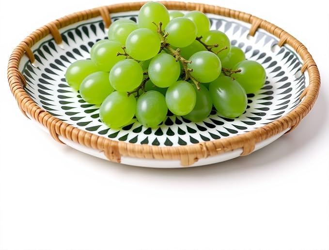 Round Rattan Ceramic Tray, Wicker Fruit/Bread/Cookie/Jewelry Small Storage Porcelain Serving Plate, Vintage Decorative Display Plate for Coffee Table Home Decor Wedding Party Gift （Black Waterdrop）