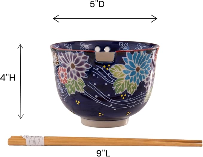Urban Tokyo Handpainted Ceramic Glazed Japanese Ramen Udon Noodle Rice Bowl With Chopsticks 20 fl oz 5 inch Diameter Bowl Sets Color Box Packaging (Floral Assortment)