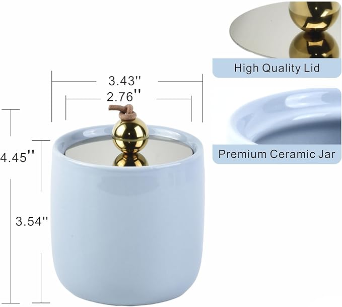 2 Pack Ceramic Qtip Holder Dispenser with Gold Lids, Blue Apothecary Jars Bathroom Vanity Organizer for Home Decor Bathroom Canister for Cotton Swabs, Rounds, Balls, Makeup Sponges, Bath Salts