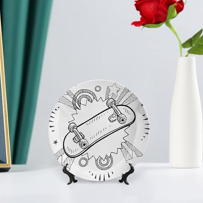 XISUNYA 10 Inch Decorative Plate, Doodle Tableware Plate, Sketch of Skateboard with 60s Style Pop Art Print Ceramic Wall Hanging for Home Office Party Dinner Table Decor