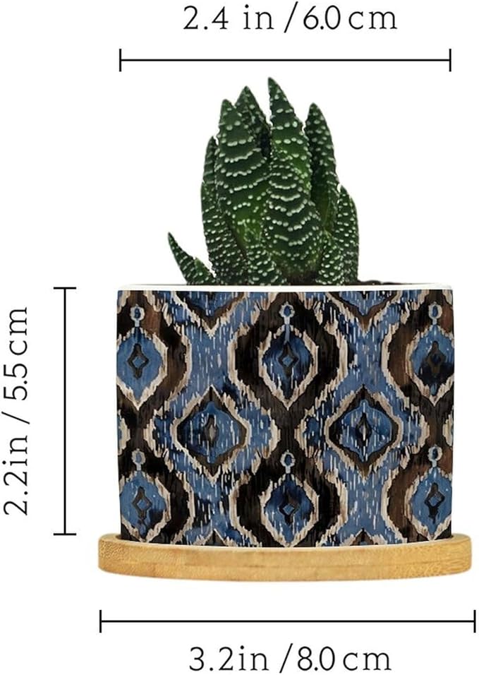 DreamAutumn Indigo Ikat Abstract Blue Ceramic Pots for Plants with Drainage Holes Round Flower Pot Bamboo Tray Orchid Pot Succulents Pots for Outdoor Indoor Plants,Housewarming Gifts